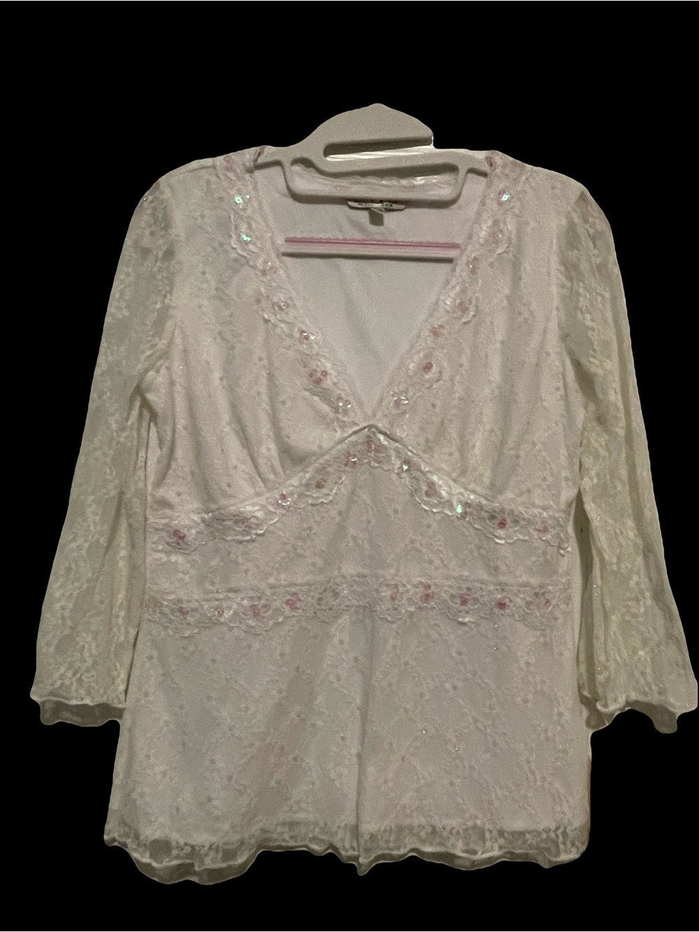 Studio White Lace V-Neck Chemise with Sequin Accents Top
